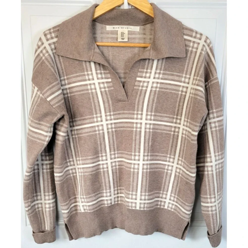 Max Studio Collared Plaid Sweater Size M Preppy Academia